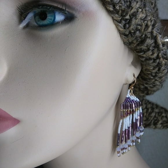 JRW Handmade Purple Gold Swarovski Beaded Earrings - Picture 2 of 5